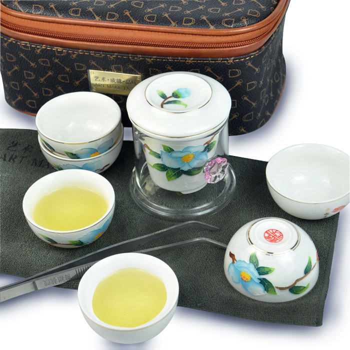 茶园春色便携式旅行茶具套装  玻璃 功夫茶具套组  整套茶具  带包